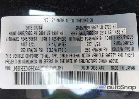 2014 Mazda Cx-9 Touring z USA, uszkodzony, nr VIN JM3TB3CV2E0446018